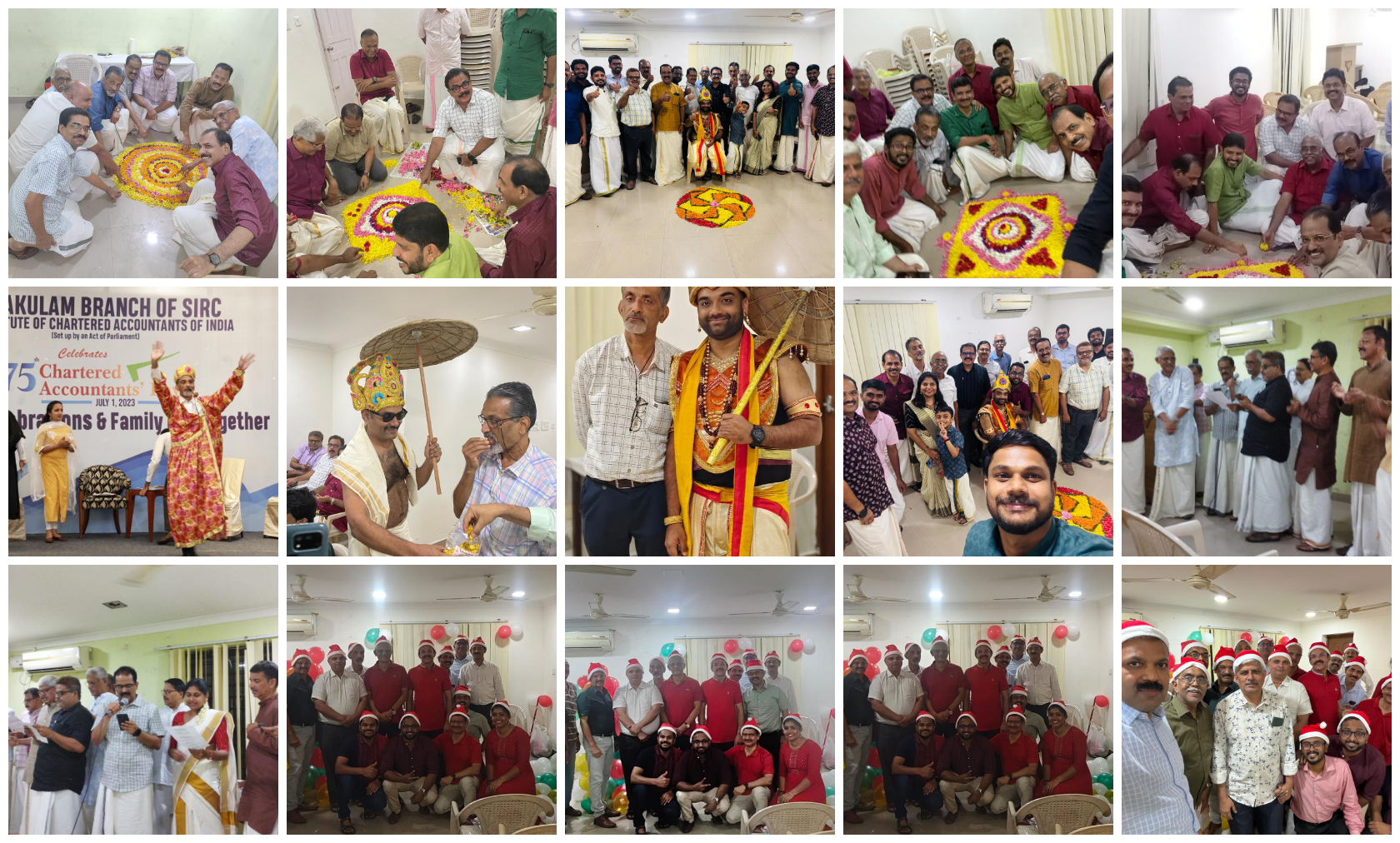 Onam pookalam and Maveli, and Christmas party with Santa hats